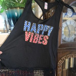 Glitter Good Vibes T-Back Tank with Fringes SZ Large